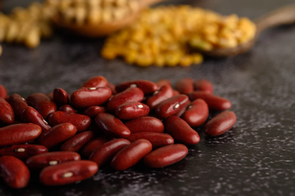 Beans, kidney, dark red, canned, sodium added, sugar added, drained and rinsed