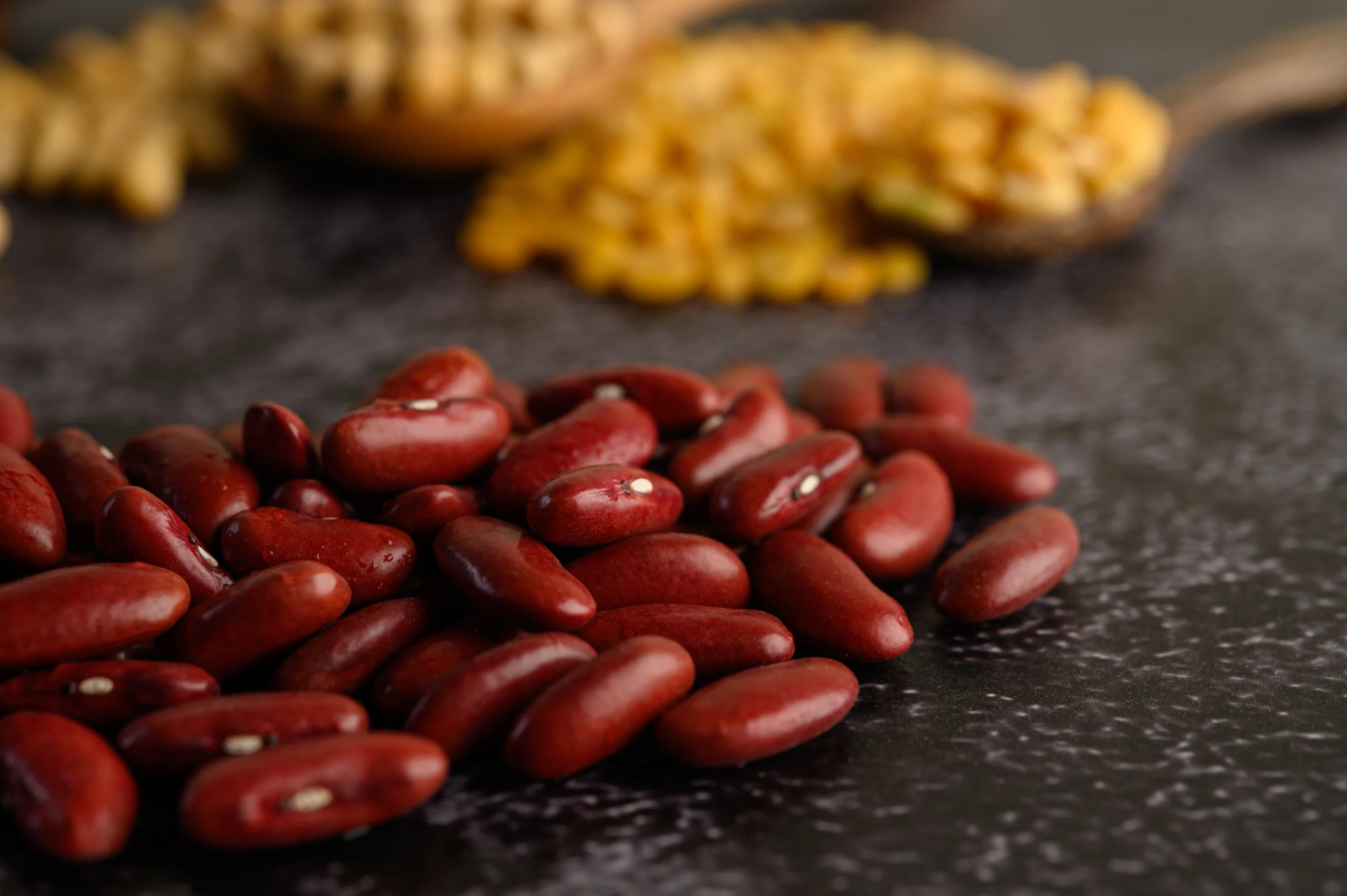 Beans, kidney, dark red, canned, sodium added, sugar added, drained and rinsed