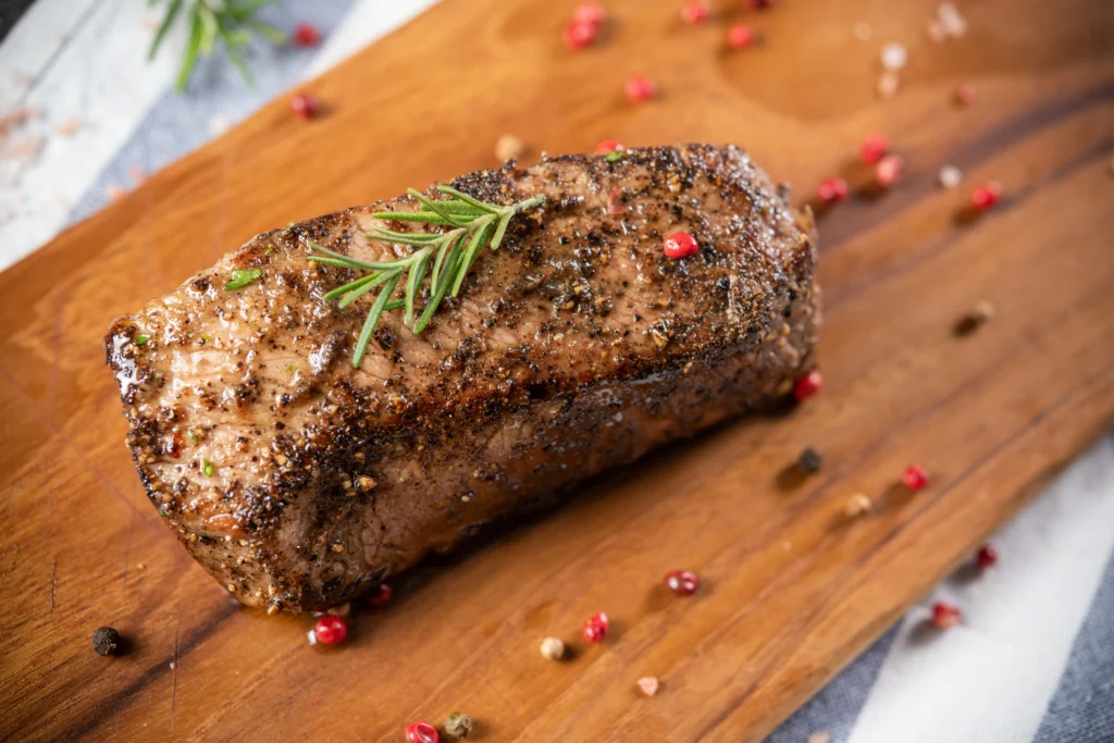 Beef, loin, tenderloin roast, separable lean only, boneless, trimmed to 0 fat, select, cooked, roasted