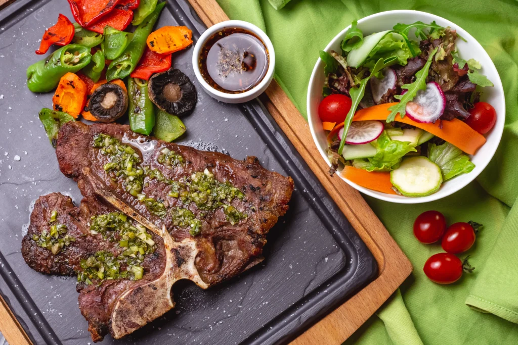 Beef, short loin, t-bone steak, bone-in, separable lean only, trimmed to 18 fat, choice, cooked, grilled
