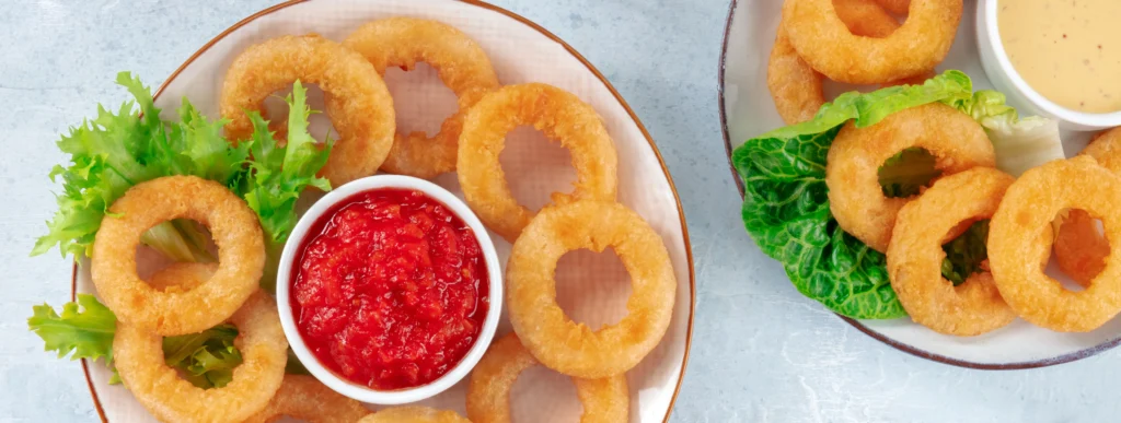 Phytonutrients Onion rings, breaded, par fried, frozen, prepared, heated in oven
